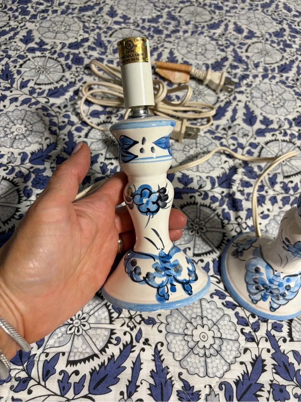 Vintage Blue and White Floral Ceramic Candlestick Lamps - Pair hand painted EUC